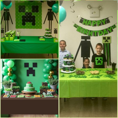 Denwiller 3 Pcs Dark Green & Brown Party Tablecloth Bulks, Disposable Plastic Pixel Gaming Tablecloth Dark Green Brown Table Cover for Picnic Video Game Birthday Party Supplies, 54x108 Inch