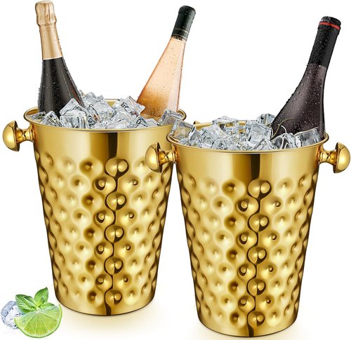 2 Pcs Gold Metal Champagne Ice Bucket 4.7 L Stainless Steel Doublewall Wine Ice Bucket for Bar, Party, Wedding, Banquet, Outdoor, BBQ(Hammer Texture)