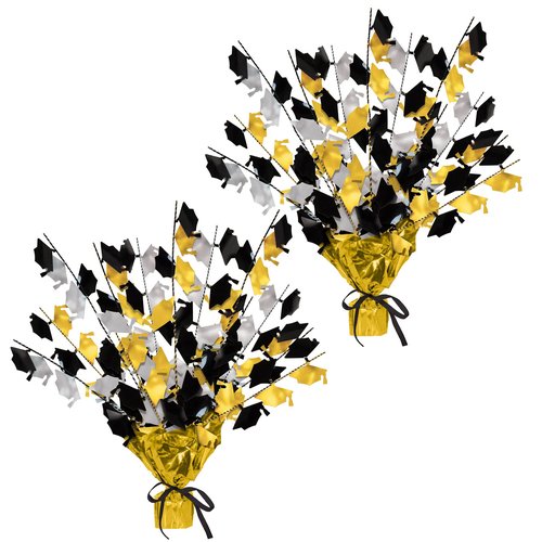 Beistle 2-Pack Metallic Gleam ’N Burst Centerpiece, Black/Gold/Silver Table Decor for Graduation Party with Mini Grad Caps, Tableware Decorations, 15"