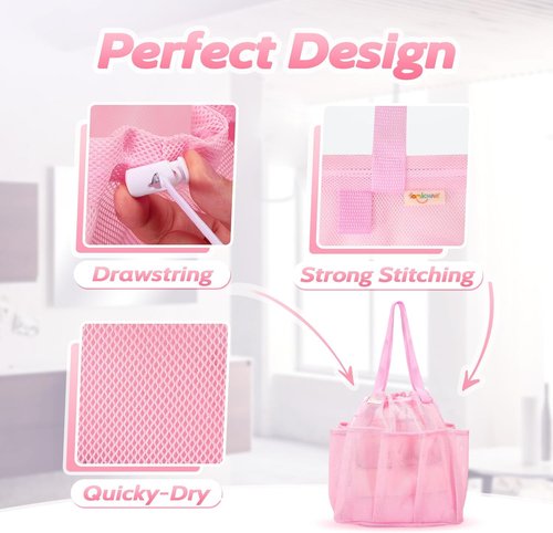 Famichan Mesh Shower Caddy - Portable Drawstring Design for College Dorms & Travel | Large Pink Bag
