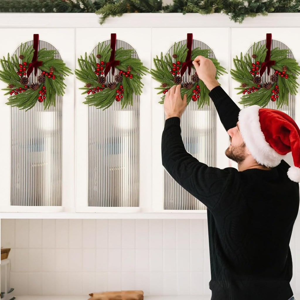 Skiennix Mini Christmas Wreaths - 15" Norfolk Pine Decor with Red Ribbon & Pine Cones | Set of 4