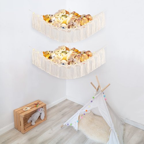 Mkono Stuffed Animal Hammock Corner Macrame Toy Storage Organizer with Tassels Boho Hanging Stuff Animals Net Large Capability Toys Display Holder for Nursery Kid Room Playroom, 2 Pieces