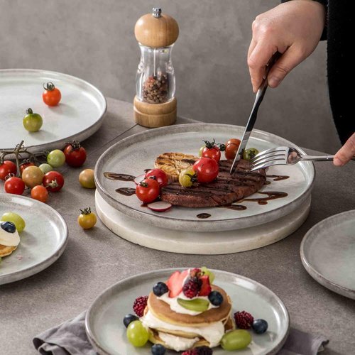 Henten Home 10-Inch Ceramic Dinner Plates - Set of 4 Fluted Porcelain Steak Plates | Scratch Resistant (Grey)
