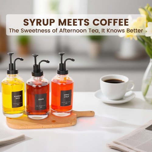 16.9oz Coffee Syrup Dispenser 4Pack- Glass Syrup Dispenser Kit for Coffee Bar Accessories for Home Coffee Bar/Premium Labeled Barista Kit, Matte Black