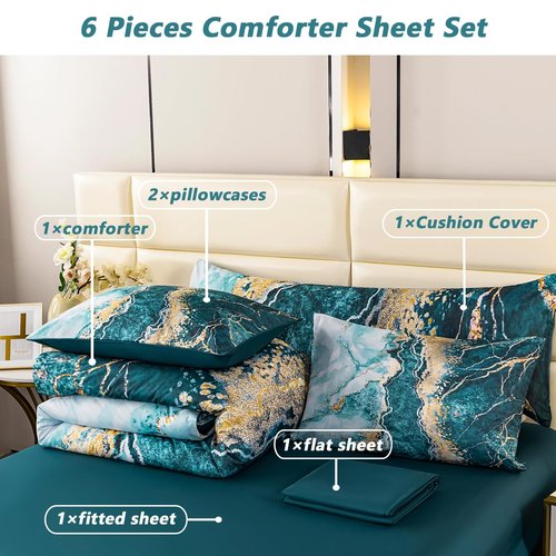 PERFEMET 6-Piece Bed in A Bag Queen Set Aqua Gold Watercolor Marble Comforters with Sheet Soft Luxury Retro Artwork Green Tie Dye Bedding Comforter Set(Aqua, Queen)