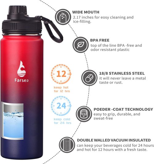Farsea Insulated Water Bottle - 24 oz Stainless Steel with Paracord Handle & Dual Lids | Sweat-Proof, BPA-Free