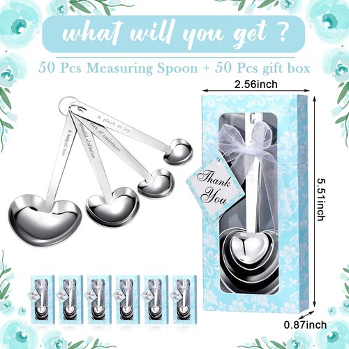Yinder 50 Set Heart Shaped Measuring Spoons Wedding Favors for Guests Measuring Spoon Favors Gift with Gift Box and Thank You Card for Wedding Bridal Shower Baby Shower Birthday Souvenirs(Blue)