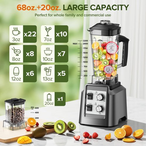 Blender for Smoothies - 68Oz Pitcher & 20Oz Grinder | 28000 RPM Ice Crushing Power