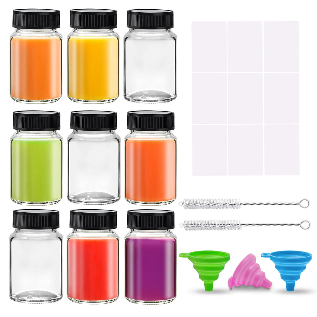 SAIAOKJ 9 Pack Glass Bottles with Lids - 2 oz Wide Mouth Leakproof Reusable Juice Travel Bottles with Labels for Ginger Shot, Turmeric Juice, Whiskey & Camping