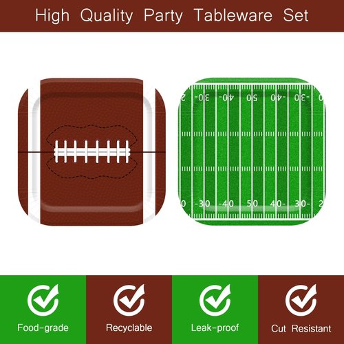 Vanulus 48Pcs Football Party Paper Plates 9 Inch Football Birthday Dinner Plates Disposable Super Sunday Touchdown Square Dessert Plates for Tailgate Party Tableware Supplies