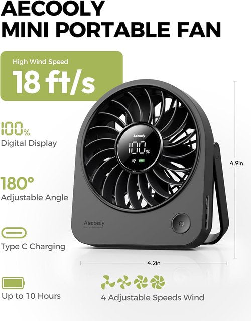 Aecooly Mini Portable Desk Fan - Quiet USB Fan with 4 Speeds | 180° Adjustable & Rechargeable - Black