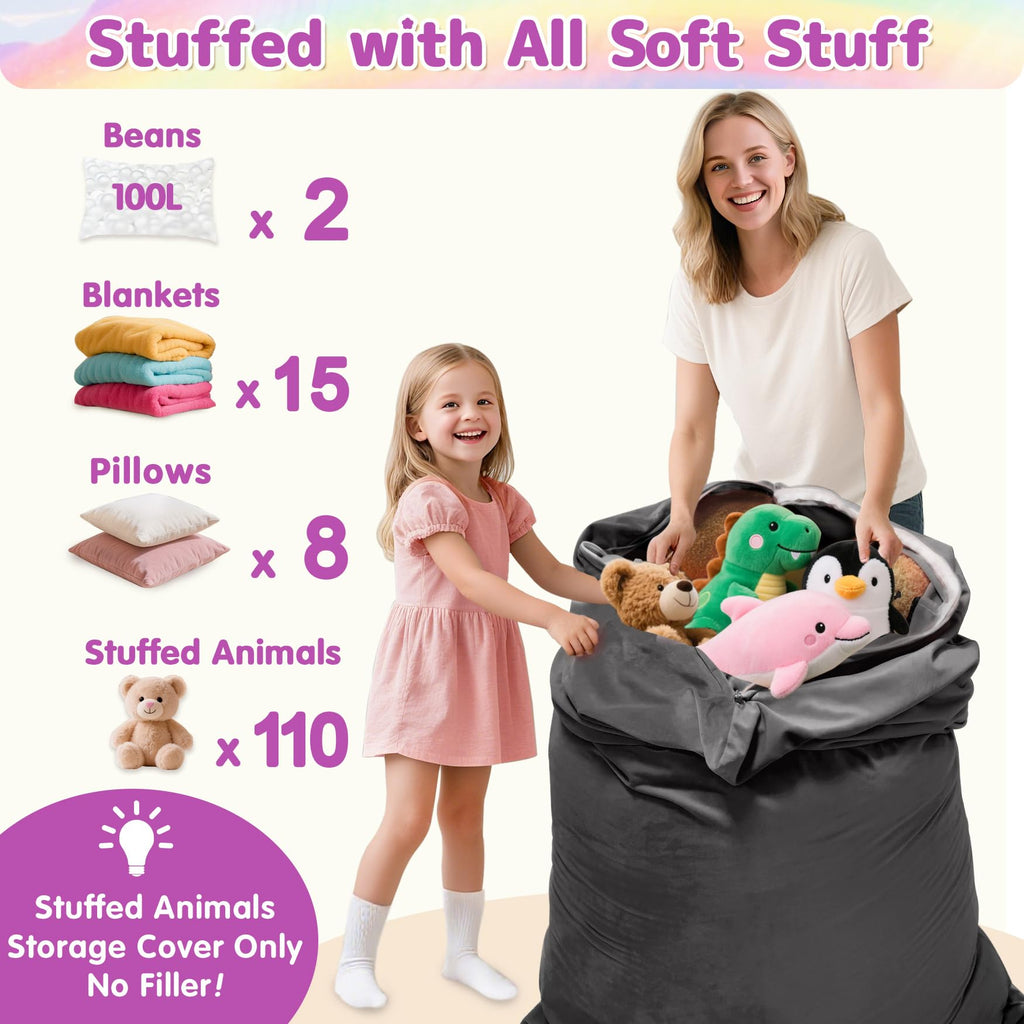 Stuffed Animals Storage Bean Bag Chair for Kids and Adults, Stuffed Animals Bean Bag Storage, Luxury Velvet Stuffie Seat - COVER ONLY(Dark Grey 200 L/52 Gal)