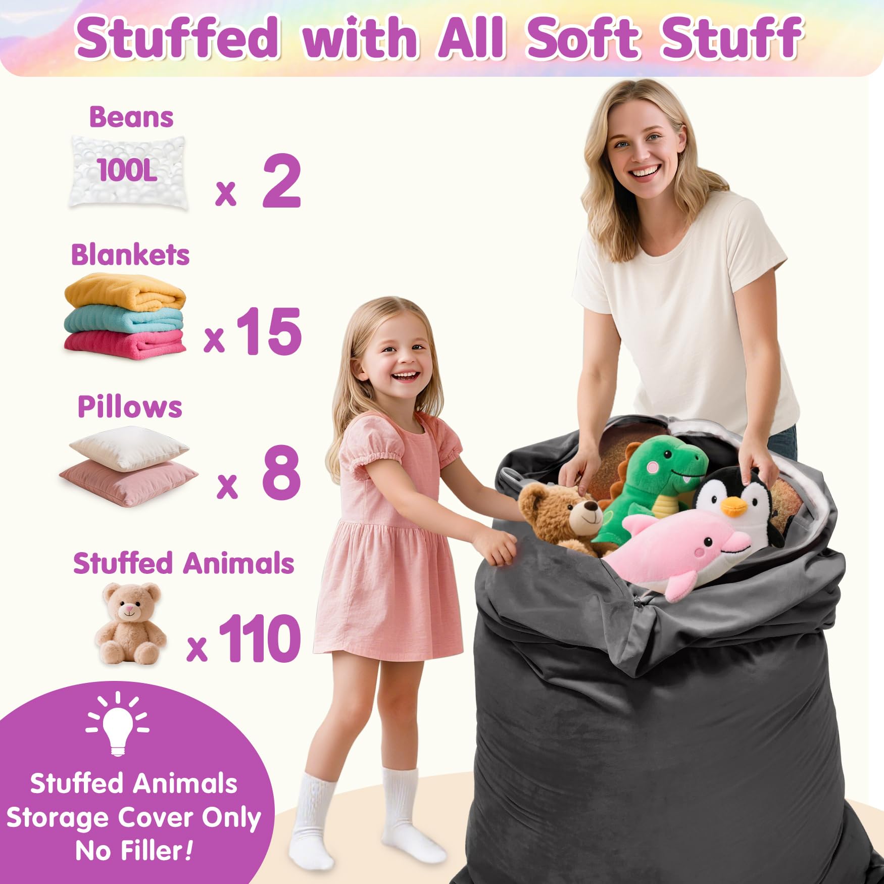 Stuffed Animals Storage Bean Bag Chair for Kids and Adults, Stuffed Animals Bean Bag Storage, Luxury Velvet Stuffie Seat - COVER ONLY(Dark Grey 200 L/52 Gal)