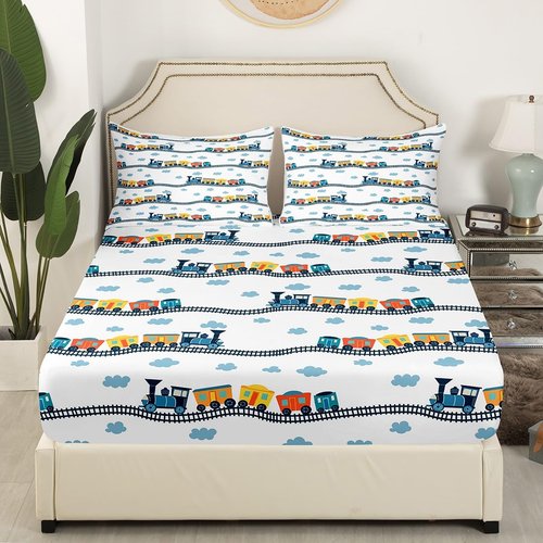 Erosebridal Cute Steam Engine Queen Sheets for Kids Toddlers Kawaii Train Sheet & Pillowcase Sets Construction Vehicles Bed Sheets Cartoon Railway Sheet Set Boys Car Theme Sheets 4pcs