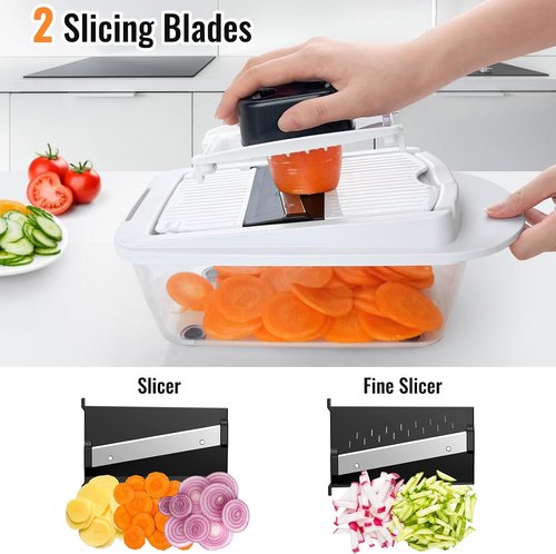 12 Blade Vegetable Chopper Mandoline Slicer - All-in-One Kitchen Gadget with Container | White