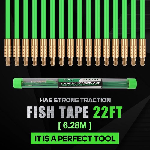 FTIHTRY 22FT Fiberglass Electrical Wire Pulling Glow Rods - Complete Kit with 8 Attachments