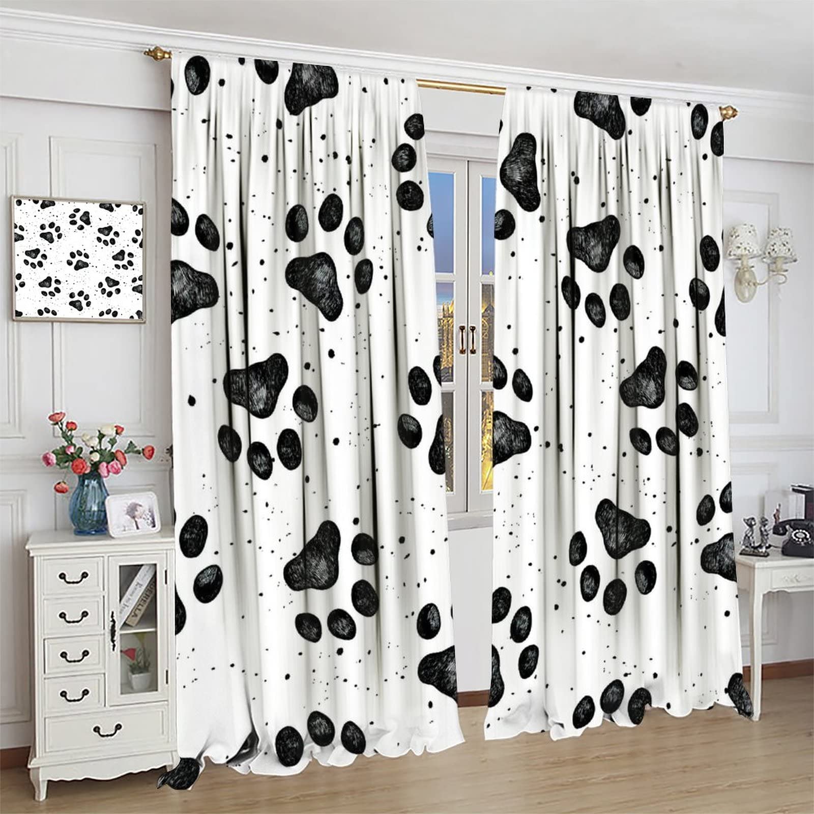 GoDazzling Dog Blackout Windows Curtains, Black Cartoon Dog Paw Print Cute Animal Curtain, for Kids Boys Girls Cute Animals Cartoon for Living Room 42x63in 2 Panels
