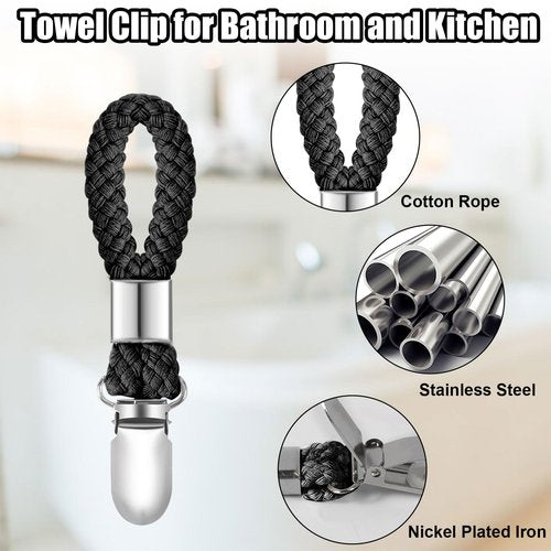 SXoonKing 6Pcs Kitchen Towel Clips, Metal Clips for Hanging with Braided Cotton Loop, Kitchen Hand Towel Holder Hook for Home Bathroom Cupboards Cloth Hanger Holder