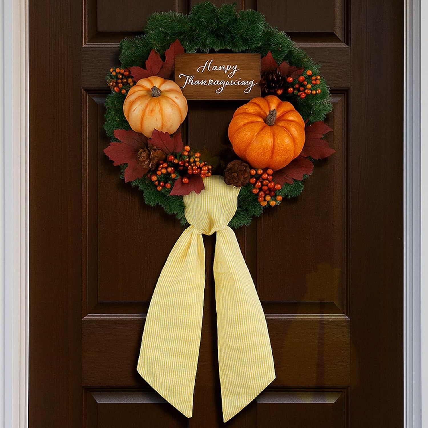 Yellow Striped Wreath Sash - 5.12" Wide x 54.33" Decorative Ribbon for Fall & Thanksgiving
