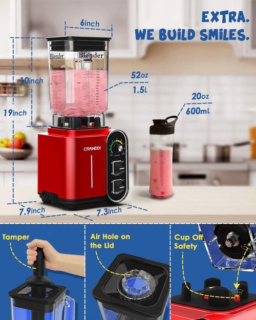 CRANDDI Smoothie Blender - 1800 Watt Professional Blender with 52oz Capacity, Stainless Steel Blade & Self-Cleaning | K98C Red