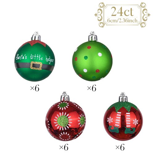 Valery Madelyn Christmas Ornaments Set, 24ct Elf Red Green White Shatterproof Christmas Tree Decorations Set, 2.36 Inch Decorative Hanging Ball Ornaments Bulk for Xmas Holiday Party Indoor Decor