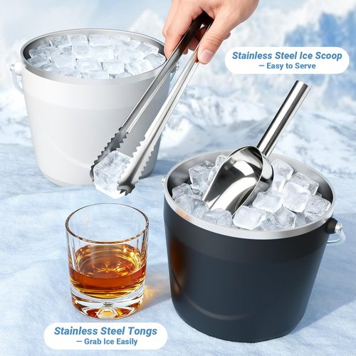 Luxfuel Insulated Beverage & Ice Bucket with Lid - Stainless Steel, Includes Scoop & Tongs, Holds 6 Longnecks or 3 Wine Bottles, Keeps Ice for Hours, Portable Handle for Parties & Outdoors (7.5L)
