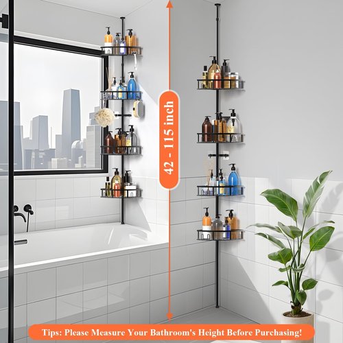 4-Tier Rustproof Corner Shower Caddy by [Brand Name] - Adjustable Height 42-115 Inch Bathroom Organizer | Black Shelves with Hooks