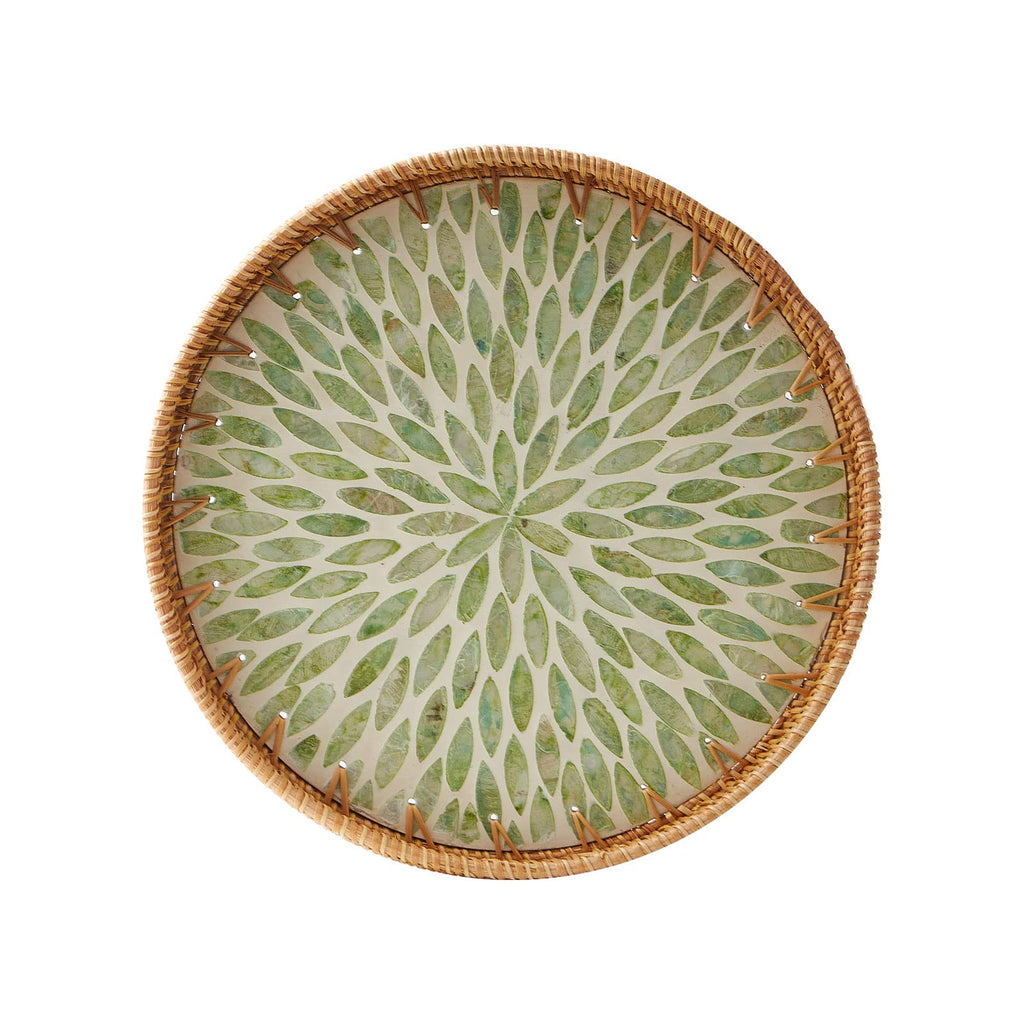 Round Rattan Tray with Mother of Pearl Inlay, Rattan Serving Tray with Wooden Base, Decorative Wicker Basket for Table Decor, Storage and Display of Coffee Bread Food Fruit (Leaf 13.5")