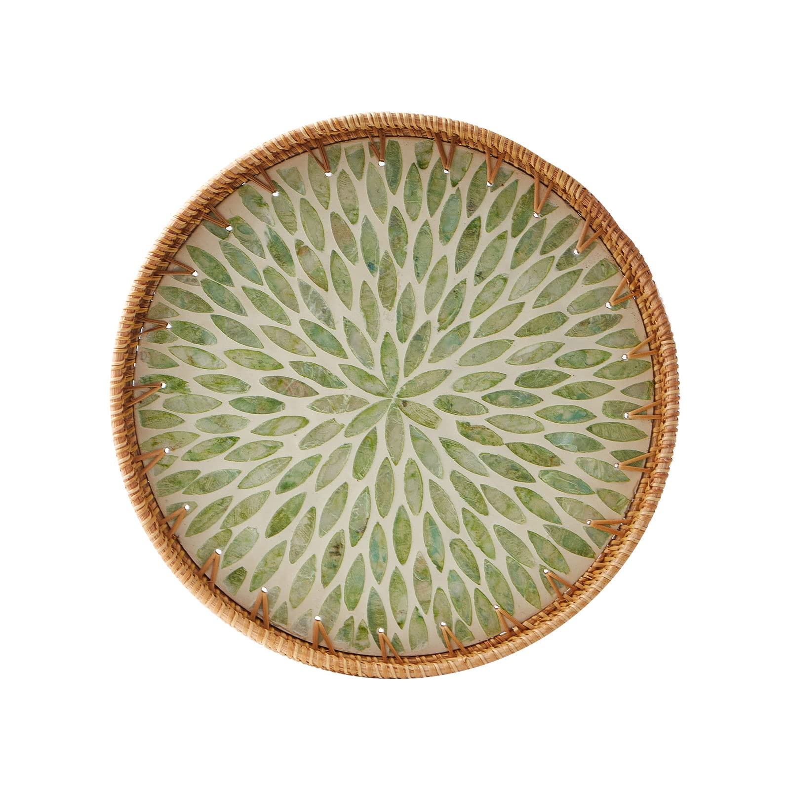 Round Rattan Tray with Mother of Pearl Inlay, Rattan Serving Tray with Wooden Base, Decorative Wicker Basket for Table Decor, Storage and Display of Coffee Bread Food Fruit (Leaf 13.5")