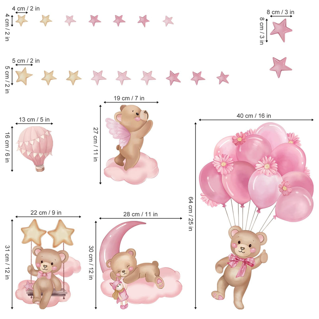 wondever Pink Balloon Bear Wall Stickers Hot Air Balloon Animals Clouds Stars Peel and Stick Wall Art Decals for Baby Nursery Kids Girls Bedroom