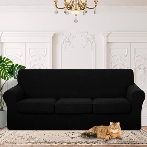Luxshare Home 4 Pieces Stretch Couch Cover for 3 Cushion Furniture Protector Sofa Covers Washable Pet Dog Friendly Non Slip Cover with Elastic Bottom(72"-92" Sofa 3 Cushion/Black)