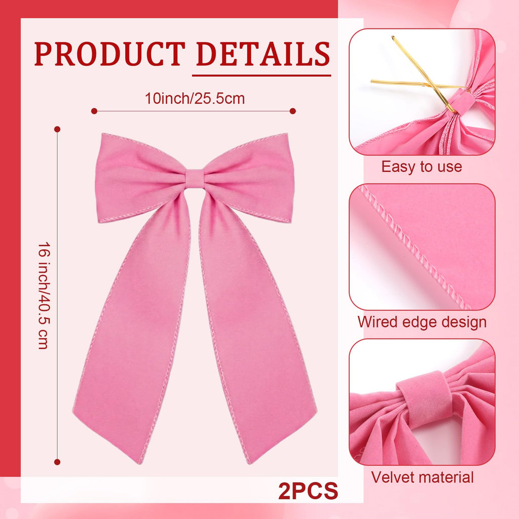 Riceshoot 2 Pcs 10 x 16 Inch Large Bows Valentine's Day Tree Decorations Velvet Ribbon Tree Topper Velvet Wreath Bows with Wired Edge for Valentines Home Fireplace Indoor Outdoor Decor (Pink)