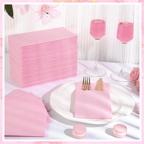60 Pcs Pink Linen-Feel Paper Napkins with Built-in Flatware Pocket, Mother's Day Pocket Linen Napkin Prefolded Cloth Like Paper Napkins Bulk for Anniversay Wedding Baby Shower Birthday Bridal Party