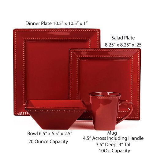 16 Piece Square Beaded Stoneware Dinnerware Set by Lorren Home Trends, Red