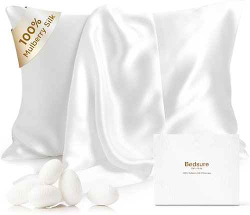 Bedsure 100% Pure Mulberry Silk Pillowcase - Cooling White Silk Case for Hair & Skin | Standard Size 20x26 Inches