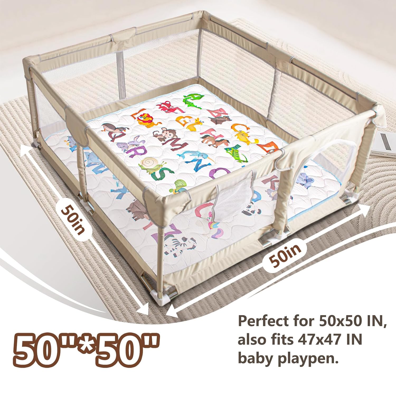Skiennix Baby Play Mat - 50x50 Super Soft Activity Mat with Anti-Slip Bottom | Machine Washable, Animal Alphabets