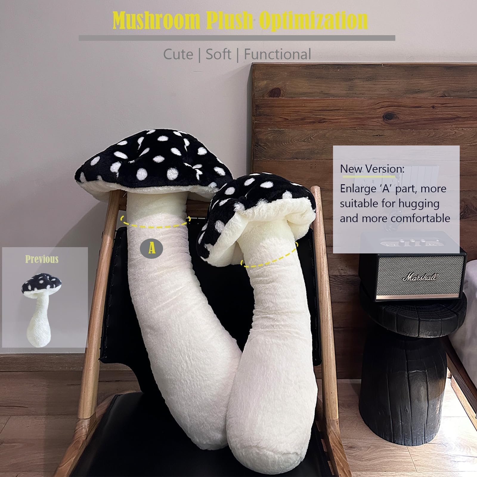Hofun4U Giant Mushroom Plush Pillow - 51 inch Mushroom Shaped Stuffed Long Body Pillow - Polka Dot Mushroom Plush - Christmas Birthday Gifts Choice Home Decoration (Black)