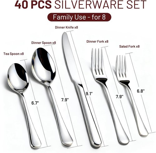 KIKCOIN 40-Pack Silverware Set | Food-Grade Stainless Steel Cutlery for 8 - Heavy Duty & Mirror Polished