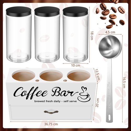 Skybooly 3 Pcs Coffee Canister Set with Shelf and Spoon Plastic Coffee Bean Storage Container with Lids Coffee Storage Box with Drawer Food Storage Jars for Coffee Bar Kitchen (White)