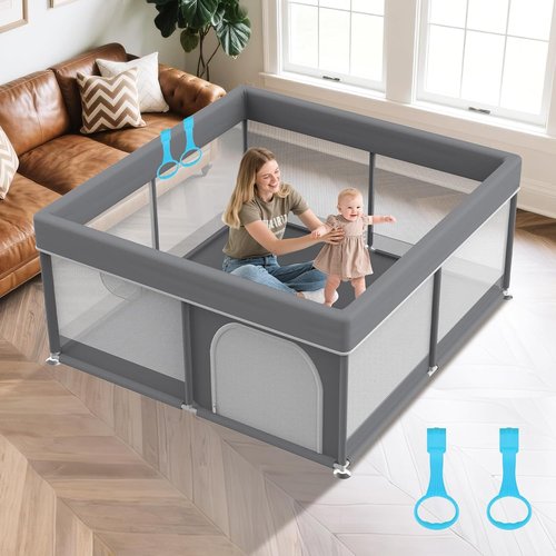 Grey Baby Playpen - Full Cover Anti-Collision Cloth Playard | 64"x64" Modern Safety Center for Infants