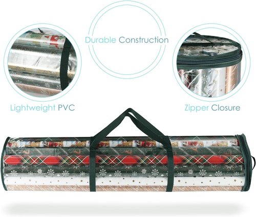 Hearth & Harbor Wrapping Paper Storage Container - Tear-Proof Christmas Bag for 36 Rolls - Green