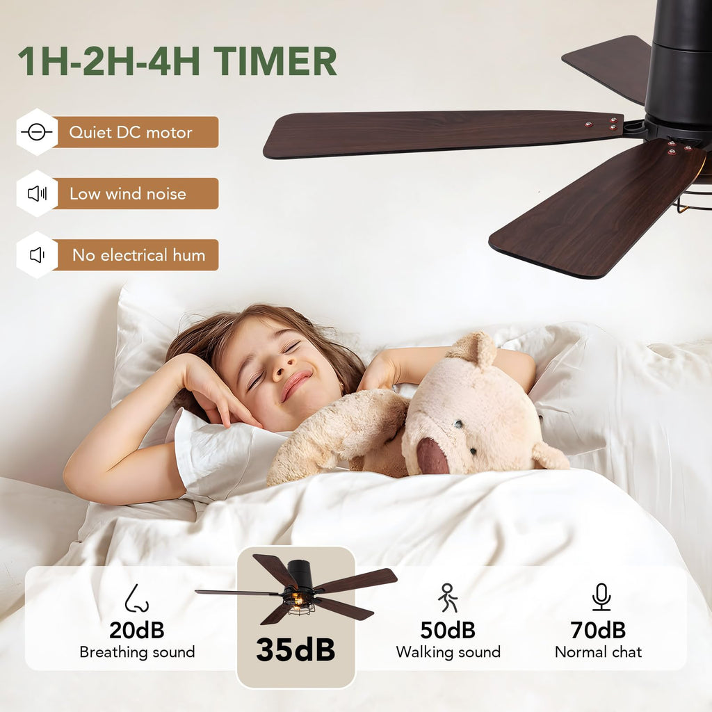 SPACORA 52 Inch Ceiling Fans with Lights, Farmhouse Ceiling Fan with Lights and Remote, Noiseless DC Motor, Black Flush Mount Ceiling Fan for Bedroom Living Room Indoor