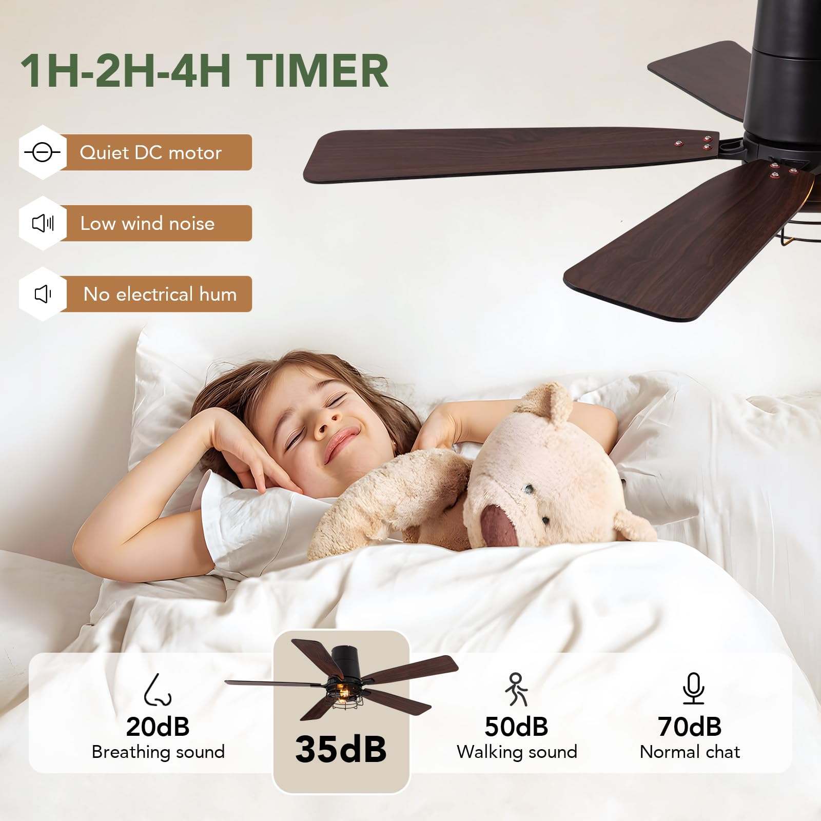 SPACORA 52 Inch Ceiling Fans with Lights, Farmhouse Ceiling Fan with Lights and Remote, Noiseless DC Motor, Black Flush Mount Ceiling Fan for Bedroom Living Room Indoor