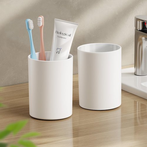 Toothbrush Cup 13.75oz 390ml with Non-Slip Pad, Easy to Clean Bathroom Cup 2Pcs, Reusable Plastic Bathroom Tumbler, White