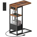 C Shaped End Table with Charging Station, Small Side Table for Couch Recliner, Slide Under Sofa Desk Snack Tables with Storage Bag & AC / USB Outlet, Small Spaces Drink Tables for Living Room, Bedroom