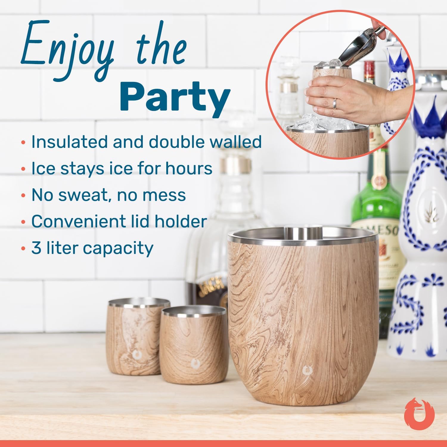 Snowfox Plus - Insulated Ice Bucket with Lid/Scoop, Premium Vacuum Insulated Stainless Steel Ice Buckets for Parties, Ice Box, Home Bar Accessories, Parties Supplies, Bar Decor, 3L, Dark Walnut