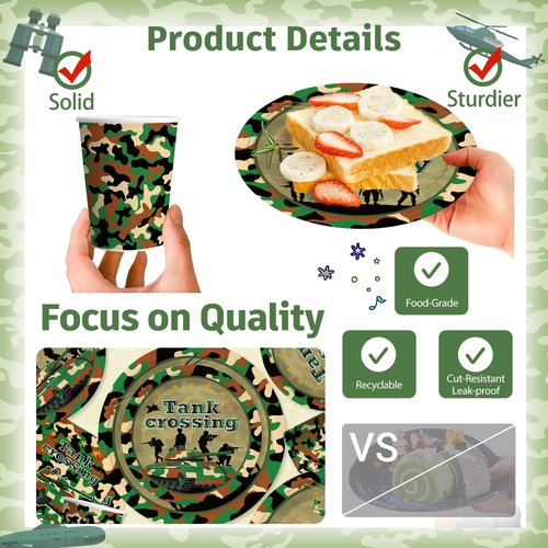 198pcs Army Birthday Party Decorations Include Camo Plates and Napkins Set, Banner, Hanging, Tablecloth, Balloon, Cupcake Topper, for Camouflage Hunting Military Theme Birthday Party, Serve 25