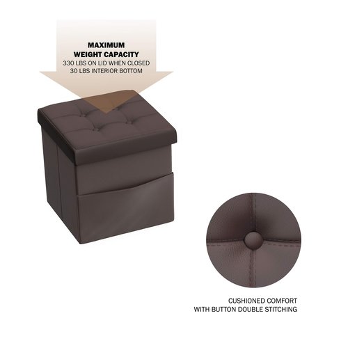 Lavish Home Foldable Storage Cube Ottoman with Pocket – Tufted Faux Leather Footrest Organizer for Bedroom, Living Room, Dorm or RV, Chocolate Brown