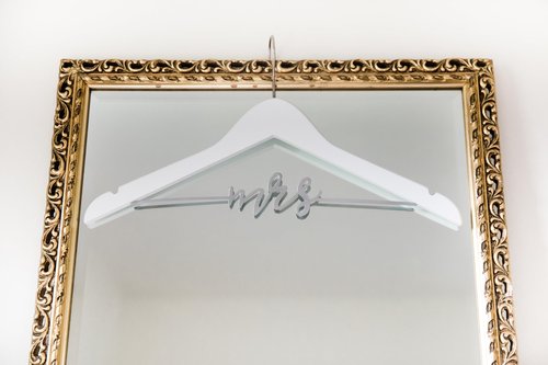 Pearhead Mrs. Wedding Dress Hanger, Wooden Bridal Gown Hanger with Cursive Wire Lettering, Wedding Photo Prop and Bridal Keepsake, White and Silver