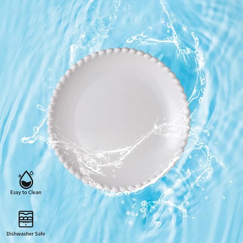 TAMAYKIM 5.5 Inch Porcelain Dessert Plates Set of 18, Small Ceramic Appetizer Plates, Round Mini Dinnerware Sets, Scratch Resistant, Microwave, Oven, and Dishwasher Safe, White with Pearl Dots